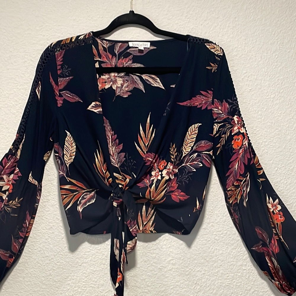 Patrons of Peace black floral cropped cover up top